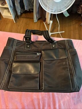 Men's Black Multi-Pocket Briefcase Tote with Contrast Stitching